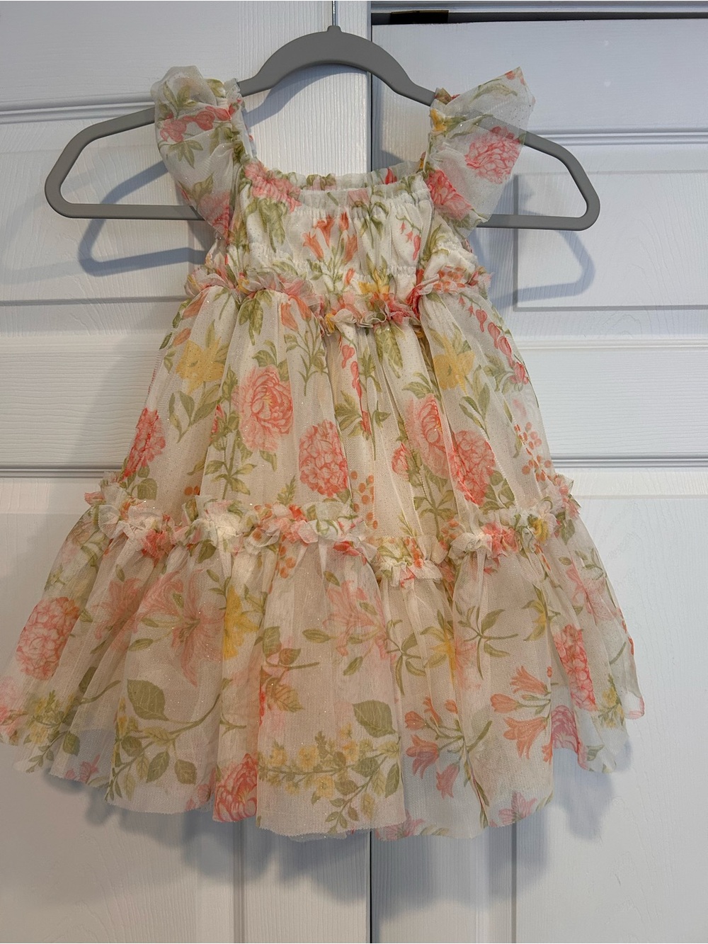 Rachel Zoe Ivory Floral Tiered Dress with Pink and Yellow Blooms